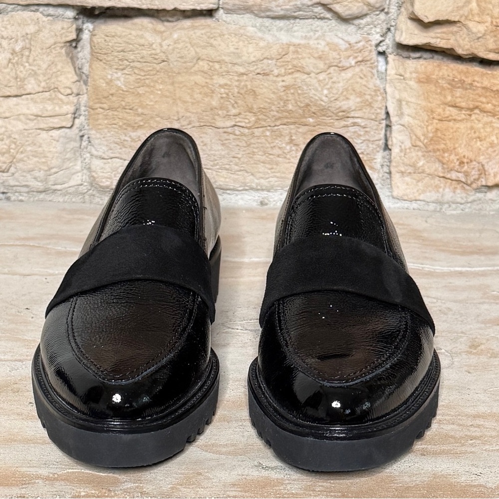 Paul Green Seneca Black Crinkled Patent  Leather Loafers W/Suede Strap Size 7.5